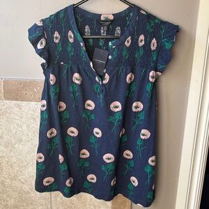 Lucky Brand Navy Blouse with Pink and Green Floral Pattern